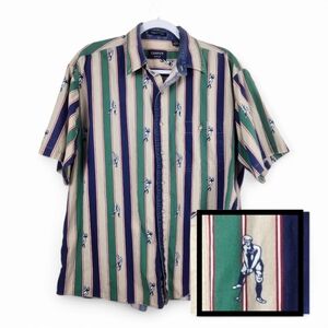 Vintage Gant Golfing Man Print Striped Cotton Button Down Shirt Large